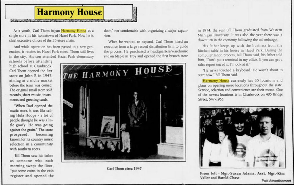 Harmony House Records and Tapes - Jul 1994 Ad Charlevoix (newer photo)